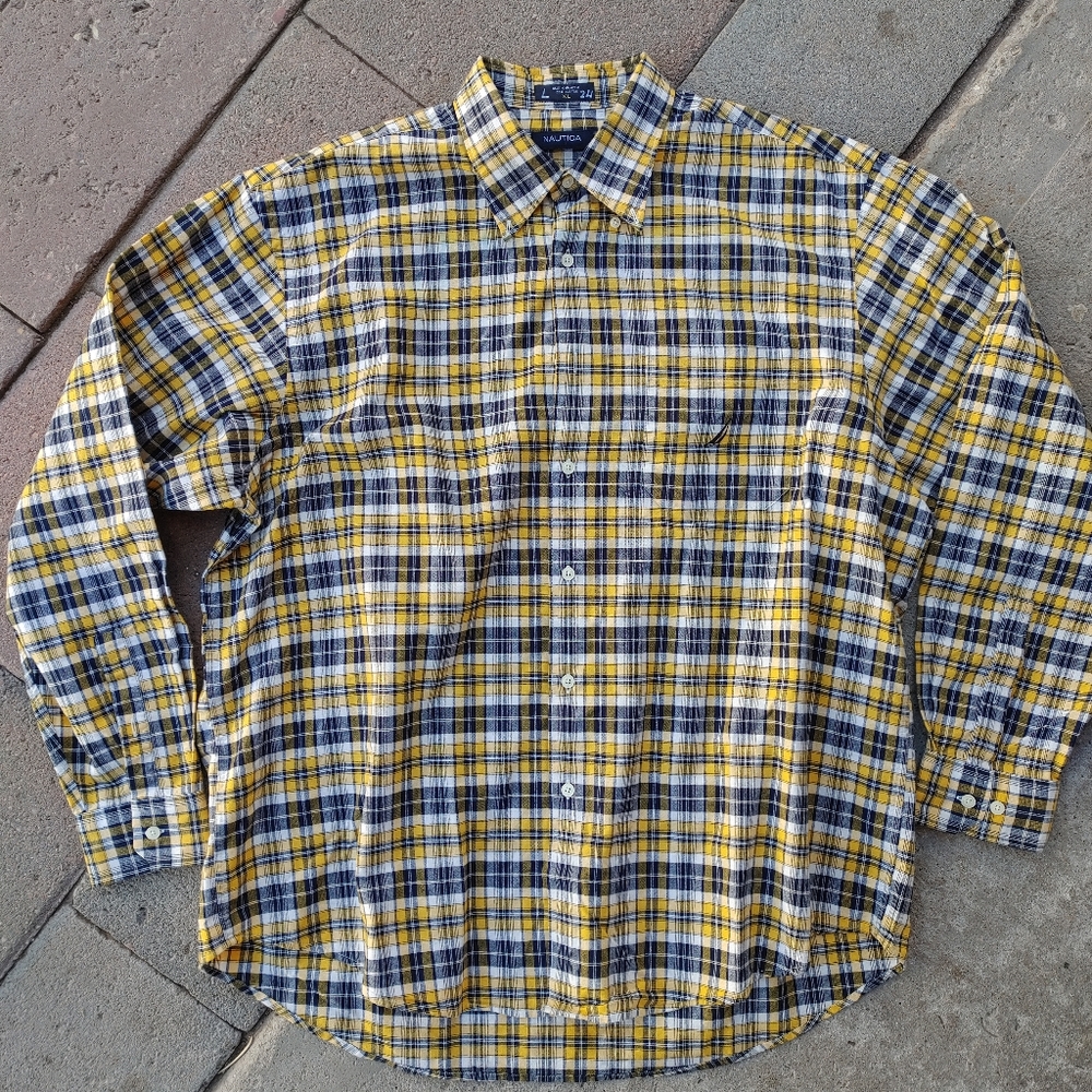 Nautica Mens Button Down Shirt Yellow Plaid
